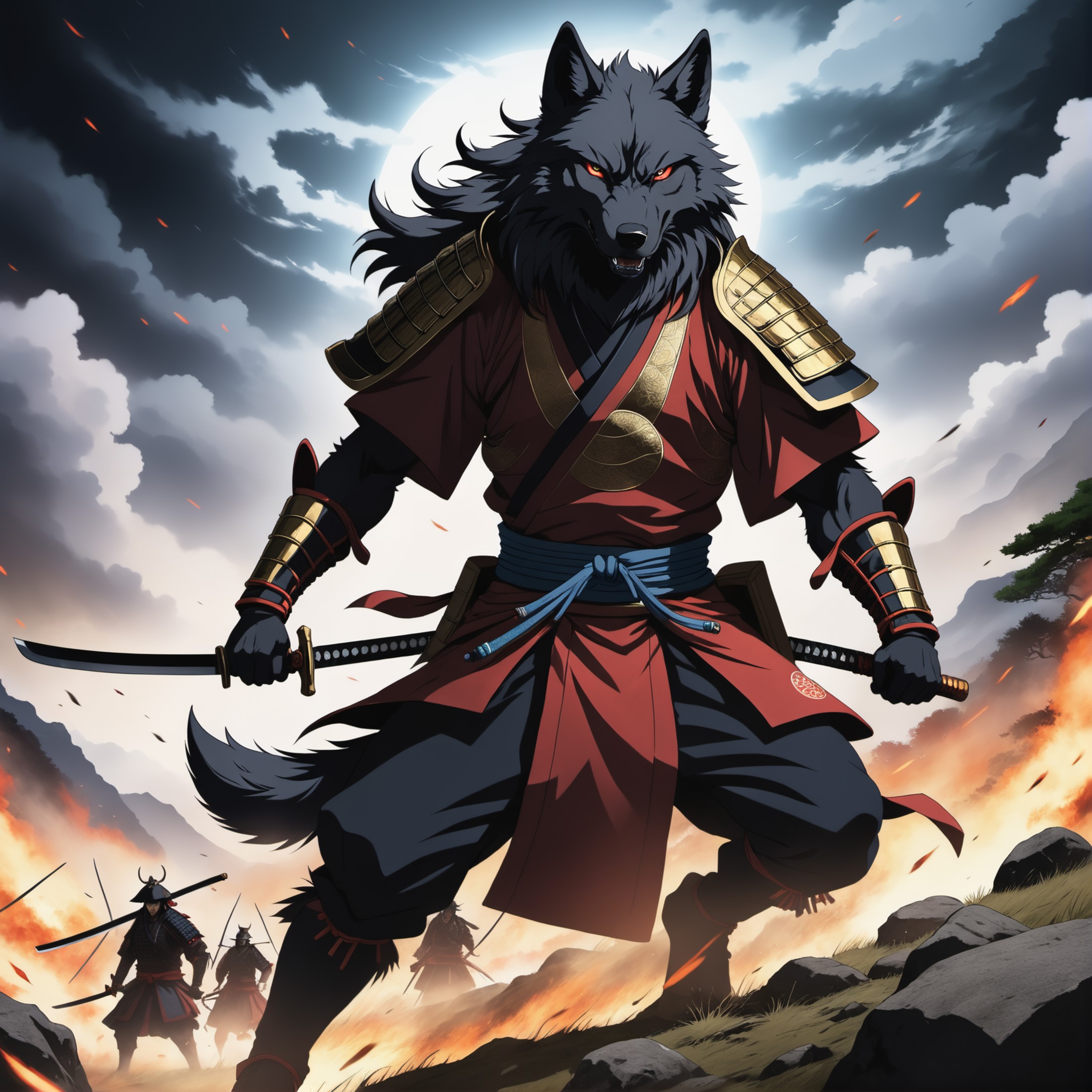 anime artwork ((dark anime art:1.1)), a wrathful samurai wolf is storming the battlefield  . anime style, key visual, vibr...